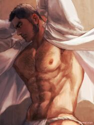 Rule 34 | 1boy, abs, bara, bare pectorals, black hair, chest hair, closed mouth, collared shirt, facial hair, fundoshi, golden kamuy, japanese clothes, large pectorals, long sideburns, male focus, muscular, muscular male, navel, nipples, nopinzo, open clothes, open shirt, pectorals, shirt, short hair, sideburns, solo, tanigaki genjirou, white shirt