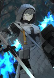 Rule 34 | 1boy, absurdres, armor, armored boots, barcode, black-framed eyewear, black armor, blue eyes, blue fire, boots, coat, cowboy shot, cross, fate/grand order, fate/grand order arcade, fate (series), fire, gauntlets, glasses, gloves, greaves, grey hair, hair between eyes, highres, holding, holding shield, hood, hood up, hooded coat, jacques de molay (saber) (fate), jtgbaaa, male focus, open hand, padded coat, pauldrons, shield, shoulder armor, single gauntlet, single pauldron, solo, strap, sword, weapon, white coat, white gloves