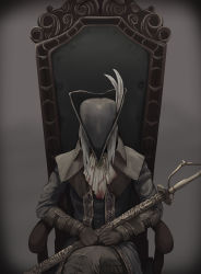 Rule 34 | 1girl, absurdres, ascot, bloodborne, brown cloak, brown gloves, brown hat, brown pants, chair, cloak, commentary request, crossed legs, gem, gloves, gradient background, grey background, grey hair, hat, hat feather, head down, highres, lady maria of the astral clocktower, long hair, long sleeves, pants, randomcatbox, sheath, sheathed, sitting, solo, sword, tricorne, weapon