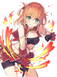 Rule 34 | 1girl, :p, akahaneko, bare shoulders, belt, bike shorts under skirt, black gloves, blonde hair, breasts, collarbone, detached sleeves, fire, fire, frilled skirt, frills, gloves, green eyes, hair between eyes, highres, multicolored hair, orange hair, princess connect!, red hair, ring hair ornament, rino (princess connect!), short shorts, shorts, simple background, skirt, small breasts, solo, tongue, tongue out, two-tone hair, white background