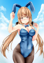 Rule 34 | 1girl, animal ears, bare shoulders, black bow, blue leotard, blue sky, bow, bowtie, breasts, brown eyes, brown hair, brown pantyhose, cleavage, cloud, cloudy sky, day, detached collar, fake animal ears, hair between eyes, hair bow, hair ornament, hairclip, highres, kantai collection, koru pera, leotard, long hair, low twintails, medium breasts, outdoors, pantyhose, playboy bunny, rabbit ears, rabbit tail, ribbon trim, sky, solo, strapless, strapless leotard, tail, tashkent (kancolle), twintails, wrist cuffs
