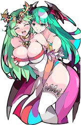 Rule 34 | 2girls, absurdres, bare shoulders, blush, breasts, demon girl, demon wings, enpe, frown, grabbing, grabbing another&#039;s breast, green eyes, green hair, highres, jewelry, kid icarus, large breasts, long hair, looking at another, morrigan aensland, multiple girls, necklace, nintendo, open mouth, palutena, pantyhose, pink nails, purple pantyhose, sexual harassment, simple background, super smash bros., thighhighs, vampire (game), white background, white thighhighs, wings, yuri