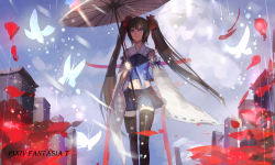 Rule 34 | 1girl, black hair, black thighhighs, blue eyes, bow, bug, butterfly, detached sleeves, hair bow, highres, insect, long hair, long sleeves, midriff, navel, necktie, nontraditional miko, oil-paper umbrella, original, pixiv fantasia, pixiv fantasia t, puffy short sleeves, puffy sleeves, ribbon-trimmed sleeves, ribbon trim, shirt, short sleeves, sishenfan, skirt, skirt set, solo, thighhighs, twintails, umbrella, very long hair, wide sleeves, zettai ryouiki