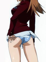 Rule 34 | 1girl, ass, blazer, breasts, brown hair, charlotte e. yeager, highres, hiroshi (hunter-of-kct), jacket, large breasts, long hair, panties, red jacket, simple background, sketch, solo, strike witches, underwear, white background, white panties, world witches series