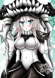 Rule 34 | 10s, 1girl, absurdres, abyssal ship, black gloves, blush, bodysuit, breasts, cape, chibi, chibi inset, contrapposto, covered navel, cowboy shot, gloves, green eyes, highres, kantai collection, large breasts, long hair, looking at viewer, open mouth, pale skin, rindou sumiyoshi, signature, silver hair, solo, standing, star (symbol), wo-class aircraft carrier