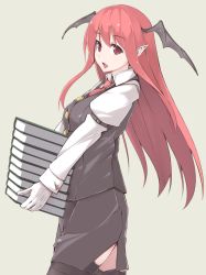 Rule 34 | 1girl, arm belt, bat wings, black thighhighs, book, gloves, head wings, kamukamu, koakuma, long hair, looking at viewer, necktie, open mouth, pointy ears, red eyes, red hair, simple background, solo, team shanghai alice, thighhighs, touhou, white gloves, wings