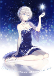 Rule 34 | 10s, 1girl, anastasia (idolmaster), bare shoulders, blue eyes, blurry, bokeh, breasts, cleavage, depth of field, domotolain, dress, english text, engrish text, idolmaster, idolmaster cinderella girls, jewelry, md5 mismatch, necklace, ranguage, reflection, short hair, silver hair, sitting, solo, sparkle, wariza