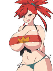 Rule 34 | 1girl, breasts, creatures (company), dd (giogio99), denim, denim shorts, flannery (pokemon), game freak, highres, huge breasts, micro shorts, nintendo, pokemon, red hair, revealing clothes, shorts, smile, solo, tagme, underboob