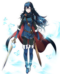 Rule 34 | 1girl, ameno (a meno0), belt, black sweater, blue butterfly, blue cape, blue eyes, blue footwear, blue gloves, blue hair, boots, brown belt, bug, butterfly, cape, falchion (fire emblem), fingerless gloves, fire emblem, fire emblem awakening, floating hair, full body, gloves, hair between eyes, holding, holding sword, holding weapon, insect, lips, long hair, looking at viewer, lucina (fire emblem), nintendo, pink lips, red cape, ribbed sweater, serious, sheath, simple background, solo, sweater, sword, symbol-shaped pupils, tiara, turtleneck, turtleneck sweater, two-tone cape, weapon, white background