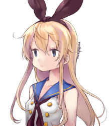 Rule 34 | 10s, 1girl, artist name, bare shoulders, blonde hair, blue eyes, bow, expressionless, hair between eyes, hair bow, hairband, kantai collection, long hair, mogamiya honu, neckerchief, shimakaze (kancolle), simple background, solo, upper body, white background