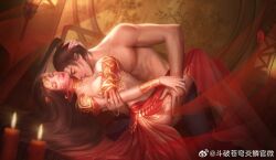 Rule 34 | 1boy, 1girl, bed, brown hair, cai lin (doupo cangqiong), candle, collarbone, doupo cangqiong, hair tie, highres, holding another&#039;s leg, huai guang zz, jewelry, lamp, long hair, on bed, parted lips, ponytail, red nails, red skirt, red tube top, second-party source, sexually suggestive, skirt, strapless, topless male, tube top, veil, xiao yan (doupo cangqiong)