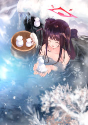 Rule 34 | 1girl, basket, bathing, blue archive, completely nude, demon horns, closed eyes, fuuka (blue archive), halo, highres, horns, icicle, myria (7855), nude, onsen, open mouth, pool, smile, snow, snowflakes, solo, twintails, wet, wet hair