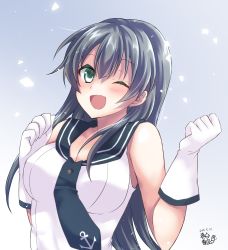 Rule 34 | 1girl, absurdres, agano (kancolle), anchor symbol, artist logo, black hair, black necktie, black sailor collar, blue background, clenched hand, commentary request, dated, gloves, gradient background, green eyes, highres, kantai collection, long hair, looking at viewer, mashiro yukiya, necktie, one-hour drawing challenge, one eye closed, open mouth, sailor collar, school uniform, serafuku, smile, solo, upper body, white gloves