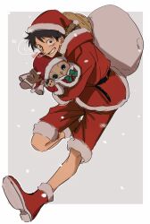 Rule 34 | 2boys, absurdres, antlers, bag, belt, black belt, black hair, boots, carrying, carrying person, commentary request, full body, green ribbon, hat, highres, holding, holding bag, hood, hoodie, horns, looking at viewer, male focus, monkey d. luffy, multiple boys, one piece, red footwear, red shorts, reindeer antlers, ribbon, rokurnshu003, santa costume, santa hat, scar, scar on face, short hair, shorts, smile, straw hat, tony tony chopper