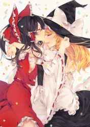 Rule 34 | 2girls, ^ ^, apron, arm around shoulder, black hair, black hat, black skirt, black vest, blonde hair, blurry, blush, bow, braid, brown hair, clenched hands, closed eyes, confetti, cowboy shot, depth of field, detached sleeves, fangs, frilled apron, frills, from side, hair bow, hair tubes, hakurei reimu, half updo, hand in own hair, hat, hat bow, hat ribbon, kirisame marisa, kiss, kissing forehead, melocoton, multiple girls, profile, puffy short sleeves, puffy sleeves, red bow, red skirt, ribbon, ribbon-trimmed sleeves, ribbon trim, sarashi, short sleeves, side braid, single braid, skirt, skirt set, touhou, vest, waist apron, wavy mouth, white apron, white background, white bow, white ribbon, wide sleeves, witch hat, yuri