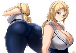 Rule 34 | 1girl, ass, bare arms, bare shoulders, blonde hair, blue pants, breasts, brown eyes, cleavage, closed mouth, facial mark, forehead mark, highres, jmg, large breasts, long hair, looking at viewer, low twintails, mature female, naruto, naruto (series), ninja, pants, pantylines, sash, shirt, sleeveless, sleeveless shirt, standing, thick thighs, thighs, tsunade (naruto), twintails, white background
