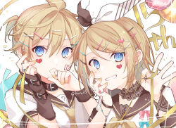 Rule 34 | 1boy, 1girl, ahoge, anniversary, black collar, black sailor collar, blonde hair, blue eyes, brother and sister, collar, collarbone, commentary, covered mouth, grin, hair between eyes, hair ornament, hairclip, kagamine len, kagamine rin, kuroi (liar-player), looking at viewer, nail polish, puffy short sleeves, puffy sleeves, sailor collar, shirt, short sleeves, siblings, smile, swept bangs, upper body, vocaloid, white shirt, x hair ornament, yellow nails