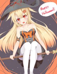 Rule 34 | 10s, 1girl, alternate costume, bare shoulders, blouse, broom, broom riding, cross, day mello, earrings, food-themed hair ornament, hair flaps, hair ornament, halloween, hat, jack-o&#039;-lantern, jack-o&#039;-lantern hair ornament, jewelry, kantai collection, long hair, messy hair, open mouth, pantyhose, pumpkin hair ornament, shirt, skirt, smile, solo, white pantyhose, witch hat, yuudachi (kancolle), yuudachi kai ni (kancolle)