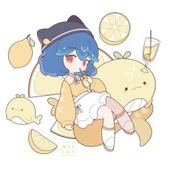Rule 34 | 1girl, animal hat, arm at side, artist name, bao (vtuber), bao (vtuber) (5th costume), black hat, blue hair, blush stickers, boots, cetacean tail, chibi, choker, commentary, commission, cropped sweater, cup, dot nose, drink, drinking, drinking straw, earrings, english commentary, fins, fish tail, food, frilled skirt, frills, fruit, full body, hand up, hat, holding, holding cup, indie virtual youtuber, jewelry, lemon, lemon slice, long sleeves, looking at viewer, medium hair, meelaffs, no sclera, orange tail, red eyes, ribbon, sideways glance, skirt, solo, sweater, tail, virtual youtuber, whale, white choker, white footwear, white ribbon, white skirt, yellow sweater