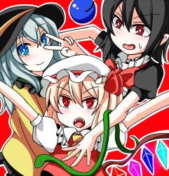 3girls black_hair blonde_hair blue_eyes blush fangs flandre_scarlet hat hat_ribbon houjuu_nue komeiji_koishi multiple_girls red_eyes ribbon snake sweatdrop touhou v white_hair wings youka_(gensou_kyoudan)