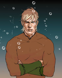 Rule 34 | 1boy, aqua man, aquaman (series), blonde hair, bubble, crossed arms, dc comics, gradient background, male focus, solo, underwater, water