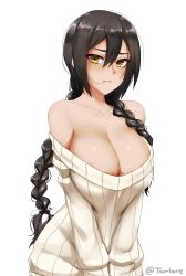 Rule 34 | 1girl, areola slip, azur lane, bare shoulders, black hair, blush, braid, breasts, brown eyes, cleavage, closed mouth, collarbone, cowboy shot, hair between eyes, hair in own mouth, large breasts, lips, long hair, looking at viewer, off-shoulder, off-shoulder sweater, off shoulder, ribbed sweater, simple background, solo, south dakota (azur lane), sweater, third-party edit, twin braids, twitter username, twrlare, white background, white sweater