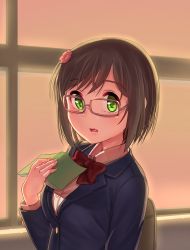 Rule 34 | 1girl, absurdres, blush, book, bow, bowtie, brown hair, fang, flower, glasses, green eyes, hair flower, hair ornament, highres, holding, holding book, idolmaster, idolmaster cinderella girls, kamille (vcx68), long sleeves, looking at viewer, maekawa miku, open book, open mouth, red bow, red bowtie, short hair, solo, upper body