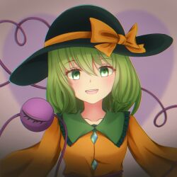 Rule 34 | 1girl, black hat, bow, collarbone, green eyes, green hair, hat, hat bow, hatoman (ytef4434), heart, heart of string, highres, komeiji koishi, long sleeves, looking at viewer, open mouth, short hair, solo, third eye, touhou, upper body, yellow bow