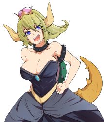 Rule 34 | 1girl, :d, bare shoulders, black dress, blonde hair, blue eyes, bowsette, bracelet, breasts, cleavage, collar, crown, dress, fangs, hand on own hip, head tilt, highres, jewelry, large breasts, lizard tail, looking at viewer, mario (series), nanostar, new super mario bros. u deluxe, nintendo, open mouth, ponytail, simple background, slit pupils, smile, solo, spiked bracelet, spiked collar, spikes, standing, super crown, tail, white background