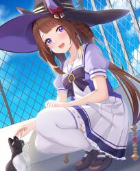 Rule 34 | 1girl, absurdres, animal ears, blush, breasts, brown hair, cat, collarbone, commentary request, fence, hair rings, hat, highres, horse ears, horse tail, kanno esuto, long hair, looking at viewer, open mouth, ribbon, school uniform, shoes, sitting, sky, small breasts, solo, sweep tosho (umamusume), tail, thighhighs, tracen school uniform, umamusume, witch hat