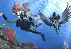 Rule 34 | 2girls, air bubble, animal ears, bird wings, black eyes, black hair, black wings, bodysuit, bow, braid, breasts, bubble, cat ears, cat tail, commentary request, coral, day, diving, diving mask, diving regulator, diving suit, extra ears, fish, flippers, full body, goggles, hair bow, kaenbyou rin, large breasts, long hair, looking at another, medium breasts, multiple girls, multiple tails, nekomata, outdoors, pointy ears, red eyes, red hair, reiuji utsuho, scuba, scuba gear, scuba tank, spread wings, submerged, sunnysideup, swimming, tail, touhou, turtle, twin braids, two tails, underwater, wetsuit, wings