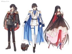 Rule 34 | 1girl, 2boys, absurdly long hair, alternate costume, ankle ribbon, belt, black belt, black capelet, black dress, black eyes, black footwear, black gloves, black hair, black jacket, black pants, blue ribbon, blue shirt, blunt bangs, boots, buttons, capelet, coat, coat on shoulders, collared shirt, dog, double-breasted, dress, epaulettes, facial hair, fate/grand order, fate (series), full body, gloves, gold trim, grey shirt, grin, hair between eyes, hair over one eye, hand on own hip, highres, jacket, layered dress, leg ribbon, long hair, looking at viewer, low ponytail, multiple boys, nekohanemocha, no shoes, okada izou (dog) (fate), okada izou (fate), open collar, oryou (fate), pants, parted lips, pomeranian (dog), ponytail, red eyes, red ribbon, red thighhighs, ribbon, sakamoto ryouma (fate), sam browne belt, scale print, shirt, shrug (clothing), simple background, smile, striped clothes, striped dress, stubble, thigh strap, thighhighs, turtleneck, v, very long hair, white background, white coat, white gloves, white jacket, white pants, yellow eyes