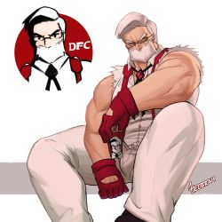 Rule 34 | 1boy, absurdres, bara, bare arms, bare shoulders, beard, colonel sanders, commentary, creatures (company), drayden (pokemon), english commentary, facial hair, feet out of frame, game freak, glasses, gloves, gym leader, helbai, highres, kfc, logo, logo parody, male focus, manly, mature male, muscular, muscular male, nintendo, pants, pectorals, pokemon, pokemon bw, red gloves, shirt, short hair, solo, thick thighs, thighs, torn clothes, torn shirt, white hair, white shirt