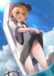 Rule 34 | 1girl, absurdres, baseball cap, black headwear, black shirt, blonde hair, blue sky, blush, blush stickers, breasts, fate/grand order, fate (series), gareth (fate), gareth (swimsuit saber) (fate), gareth (swimsuit saber) (first ascension) (fate), green eyes, hair flaps, hat, highres, hood, hoodie, looking at viewer, medium breasts, monster, ocean, open mouth, pyonsan, shirt, short hair, short sleeves, sky, smile, solo focus, swimsuit, swimsuit under clothes, thighs, two-tone shirt, wading, wet, white shirt