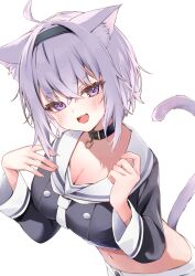 Rule 34 | 1girl, ahoge, animal collar, animal ears, arched back, black collar, black shirt, breasts, buttons, cat ears, cat girl, cat tail, cleavage, collar, commentary request, cropped shirt, crossed bangs, double-breasted, double-parted bangs, fangs, hair between eyes, hand on own chest, highres, hololive, large breasts, leaning forward, long sleeves, looking at viewer, messy hair, neckerchief, nekomata okayu, nekomata okayu (casual), official alternate costume, open mouth, purple eyes, purple hair, sailor collar, sailor shirt, school uniform, serafuku, shiro hebi rei, shirt, short hair, shorts, simple background, sleeve cuffs, solo, tail, virtual youtuber, white background, white neckerchief, white sailor collar, white shorts