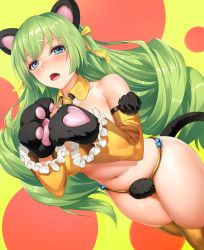 Rule 34 | 1girl, animal ears, animal hands, bell, big hair, bikini, blue eyes, blush, breasts, cat ears, commentary request, detached collar, detached sleeves, dotted background, dutch angle, fangs, frilled sleeves, frills, fur trim, gloves, green hair, hair ornament, hair ribbon, hairclip, heart, highres, jingle bell, long hair, looking at viewer, navel, obaoba (monkeyix), open mouth, original, paw gloves, ribbon, simple background, solo, stomach, swimsuit, tail, thighhighs, two-tone background, very long hair, wide sleeves, yellow bikini, yellow ribbon, yellow thighhighs