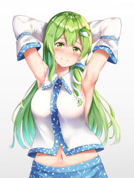 Rule 34 | 1girl, armpits, arms behind head, arms up, blush, breasts, closed mouth, commentary request, detached sleeves, frog hair ornament, green eyes, green hair, hair ornament, hair tubes, highres, kochiya sanae, long hair, looking at viewer, medium breasts, nagomian, navel, redrawn, sidelocks, simple background, smile, snake hair ornament, solo, touhou, upper body, white background