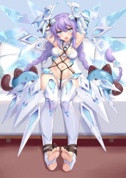 Rule 34 | 1girl, 463 jun, :p, absurdres, armpits, arms behind head, arms up, bare shoulders, blue eyes, blush, bound, bound arms, bound legs, braid, breasts, choujigen game neptune the animation, couch, d-pad, d-pad hair ornament, dogoo, elbow gloves, feet, full body, gloves, groin, hair ornament, headgear, highres, indoors, long hair, looking at viewer, medium breasts, navel, neptune (neptunia), neptune (series), official alternate costume, on couch, power symbol, power symbol-shaped pupils, purple hair, purple heart (neptunia), revealing clothes, shibari, sitting, soles, solo, stirrup legwear, stomach, symbol-shaped pupils, thighhighs, toeless legwear, toes, tongue, tongue out, twin braids, twintails, very long hair, wings