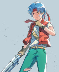 Rule 34 | 1boy, bandaid, bandaid on cheek, bandaid on face, blue hair, brown eyes, brown gloves, closed mouth, collared jacket, commentary request, cowboy shot, gloves, green pants, grey background, gun, headband, holding, holding gun, holding weapon, jacket, male focus, natsuya (kuttuki), pants, parted bangs, red headband, red jacket, rody roughnight, shirt, short hair, short sleeves, sleeveless, sleeveless jacket, solo, torn clothes, torn pants, weapon, white shirt, wild arms, wild arms 1