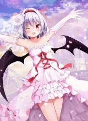Rule 34 | 1girl, armpits, bad id, bad twitter id, bat wings, blush, breasts, building, collarbone, commentary request, cowboy shot, dress, elbow gloves, flower, gloves, hair flower, hair ornament, hairband, highres, hyurasan, light purple hair, looking at viewer, no headwear, no headwear, one eye closed, open mouth, outstretched arms, petals, red eyes, red hairband, remilia scarlet, short hair, sky, small breasts, smile, solo, strapless, strapless dress, thighs, touhou, white dress, white flower, white gloves, wings