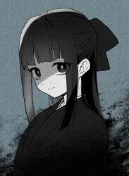 Rule 34 | 1girl, bags under eyes, bow, greyscale, hair bow, half updo, highres, japanese clothes, kanya pyi, kimono, long hair, looking at viewer, mole, mole under eye, monochrome, original, sidelocks, sketch, smile, solo, upper body