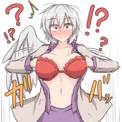 Rule 34 | !?, 1girl, ?, ^^^, blush, bra, breasts, breasts apart, constricted pupils, cowboy shot, eyebrows, feathered wings, female focus, frilled bra, frills, grey hair, grey wings, jacket, kishin sagume, kuroba rapid, large breasts, navel, open clothes, open jacket, open shirt, purple shirt, purple skirt, red bra, red eyes, shirt, short hair, single wing, skirt, skirt set, smile, solo, standing, sweat, touhou, tsurime, underwear, undressing, wings