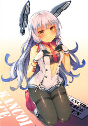 Rule 34 | 1girl, absurdres, adapted costume, bare shoulders, black pantyhose, blunt bangs, boots, closed mouth, dress, full body, gloves, gradient background, hair ribbon, hands on own chest, headgear, highres, horosuke, kantai collection, kneeling, long hair, looking at viewer, murakumo (kancolle), murakumo kai ni (kancolle), necktie, orange eyes, pantyhose, race queen, red footwear, ribbon, sailor dress, scan, shadow, shiny clothes, shiny skin, silver hair, simple background, sleeveless, smile, solo, thighband pantyhose, tress ribbon