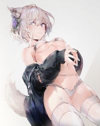 Rule 34 | 1girl, animal ears, bare shoulders, black jacket, blue eyes, blush, bra, breasts, commentary request, cowboy shot, ear piercing, flower, fox ears, fox girl, fox tail, frown, garter belt, hair flower, hair ornament, highres, jacket, lingerie, long sleeves, looking at viewer, nail polish, navel, off shoulder, original, panties, panties over garter belt, piercing, short hair, silver hair, small breasts, solo, steepled fingers, stomach, tail, thighhighs, underboob, underwear, white bra, white panties, white thighhighs, yatsuha (hachiyoh)