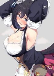 Rule 34 | 1girl, absurdres, animal ears, armpits, bob cut, breasts, butter curry, cleavage, eishin flash (umamusume), german clothes, grey background, hair between eyes, hands up, highres, horse ears, horse girl, horse tail, looking at viewer, open mouth, red skirt, short hair, skirt, solo, steam, tail, umamusume