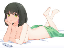 Rule 34 | 1girl, arm support, bare shoulders, barefoot, bed sheet, black hair, bob cut, breasts, collarbone, commentary request, covering privates, feet up, head rest, highres, large breasts, looking at viewer, lying, mahouka koukou no rettousei, naked towel, nude cover, on bed, on stomach, parted lips, semi-rimless eyewear, shibata mizuki, short hair, simple background, solo, sumi (shibata3gb), towel, under-rim eyewear, unworn eyewear, white background, yellow eyes