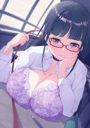 Rule 34 | 1girl, absurdres, black choker, black hair, blunt bangs, bra, breast rest, breasts, choker, classroom, cleavage, closed mouth, collarbone, collared shirt, commentary request, desk, earrings, highres, hime cut, holding, holding leash, jewelry, lace, lace-trimmed bra, lace trim, large breasts, leash, long hair, looking at viewer, mole, mole under mouth, open clothes, open shirt, original, pencil, pencil case, pov, purple bra, purple eyes, sakamata (sakamata4), school desk, shirt, sidelocks, smile, solo, underwear, upper body, white shirt, window