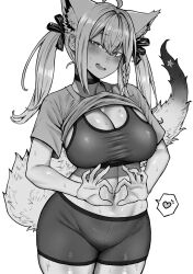 Rule 34 | 1girl, ahoge, alternate breast size, alternate costume, animal ears, bike shorts, blush, braid, breasts, choker, cleavage, clothes lift, fox ears, fox girl, fox tail, hair between eyes, hair ribbon, heart, heart hands, highres, hololive, inamimi (sheep1733), large breasts, long hair, looking at viewer, midriff, monochrome, navel, ribbon, shirakami fubuki, shirt lift, side braid, simple background, solo, sports bra, sweat, tail, twintails, virtual youtuber, white background, white burinyan