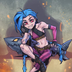Rule 34 | 1girl, arcane: league of legends, arcane jinx, arm tattoo, asymmetrical bangs, bare shoulders, belt, blue hair, braid, breasts, brown belt, brown footwear, bullet, cloud tattoo, crop top, embers, fingerless gloves, gloves, grey background, grin, invisible chair, jinx (league of legends), league of legends, long hair, looking at viewer, midriff, navel, pants, phantom ix row, pink eyes, pink pants, shoes, shoulder tattoo, sitting, small breasts, smile, solo, stomach, striped clothes, striped pants, tattoo, teeth, twin braids