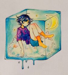 Rule 34 | 1boy, ahoge, ankle socks, blue shorts, closed eyes, closed mouth, cloud, colored pencil (medium), commentary, crescent moon, dripping, english commentary, fingernails, frown, full body, highres, hoshi-pan, in cube, inktober, male focus, mole, mole under eye, moon, no shoes, on cloud, original, photo (medium), purple hair, purple shirt, shirt, short hair, short sleeves, shorts, sitting, socks, solo, star (symbol), t-shirt, traditional media, yellow socks